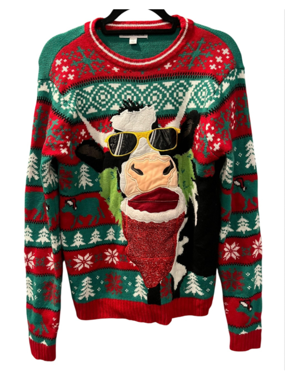 Celebrate Together Cow Ugly Christmas Sweater Beer Drink Holder Pocket Sz Small